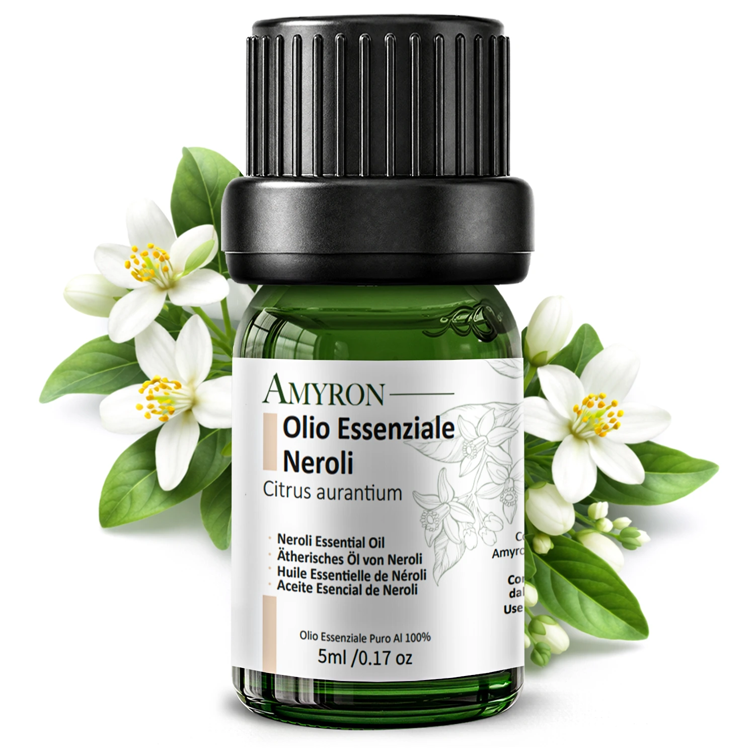 Flacone di olio essenziale di Neroli AMYRON con fiori di zagara e foglie di arancia amara su sfondo chiaro