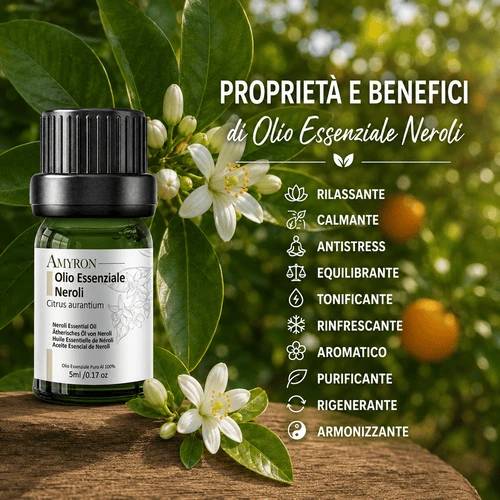 Bottiglia di olio essenziale di Neroli con fiori d’arancio e elenco di proprietà e benefici del Neroli