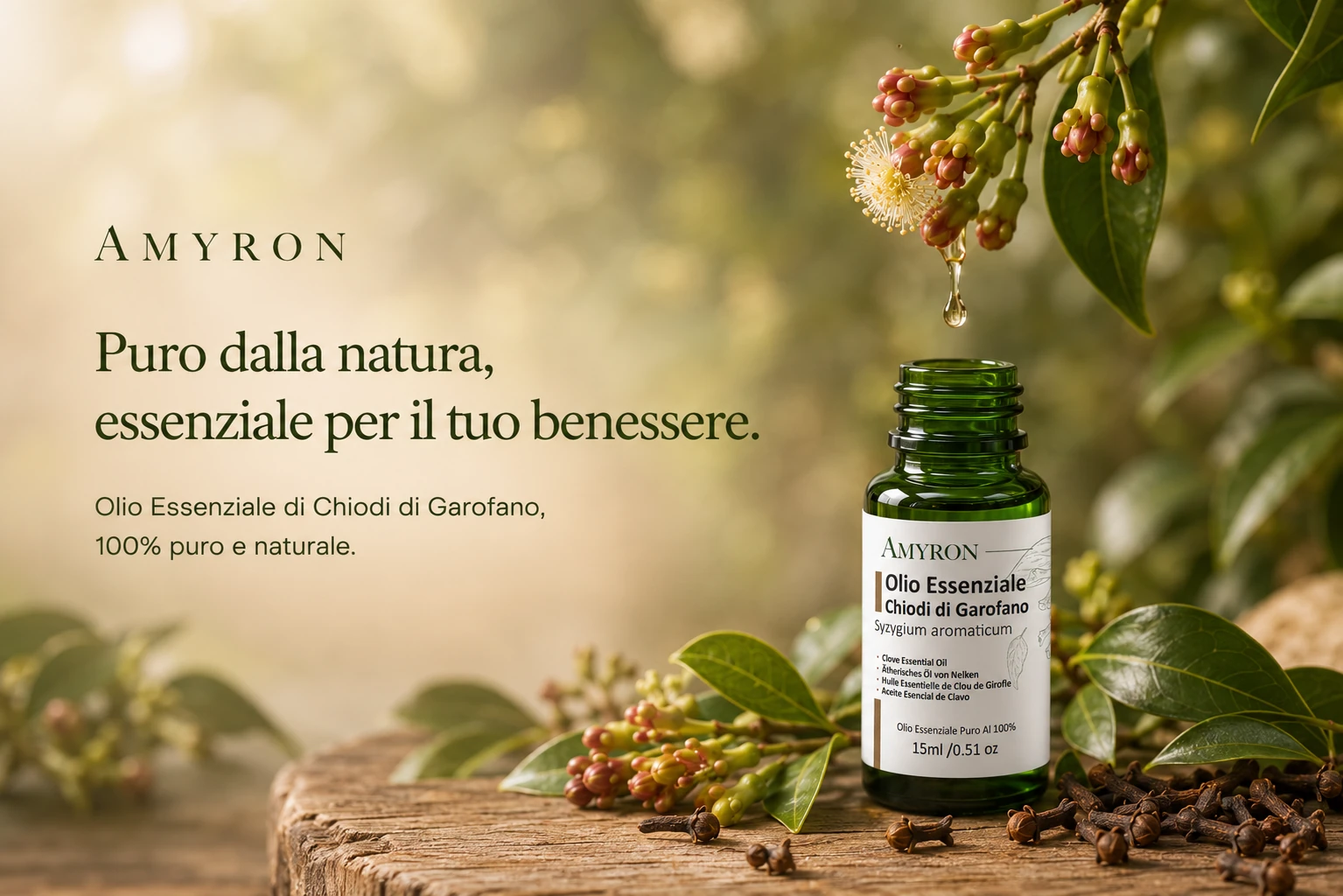 Olio essenziale di Chiodi di Garofano AMYRON 100% puro e naturale ottenuto da Syzygium aromaticum.