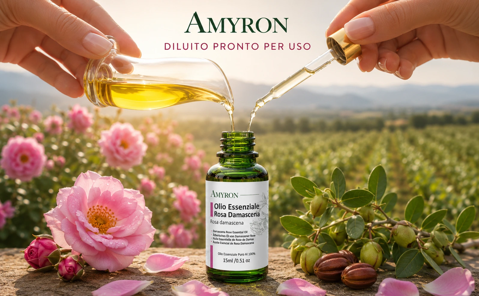 Olio essenziale Rosa Damascena puro AMYRON 15 ml con fiori di rosa damascena