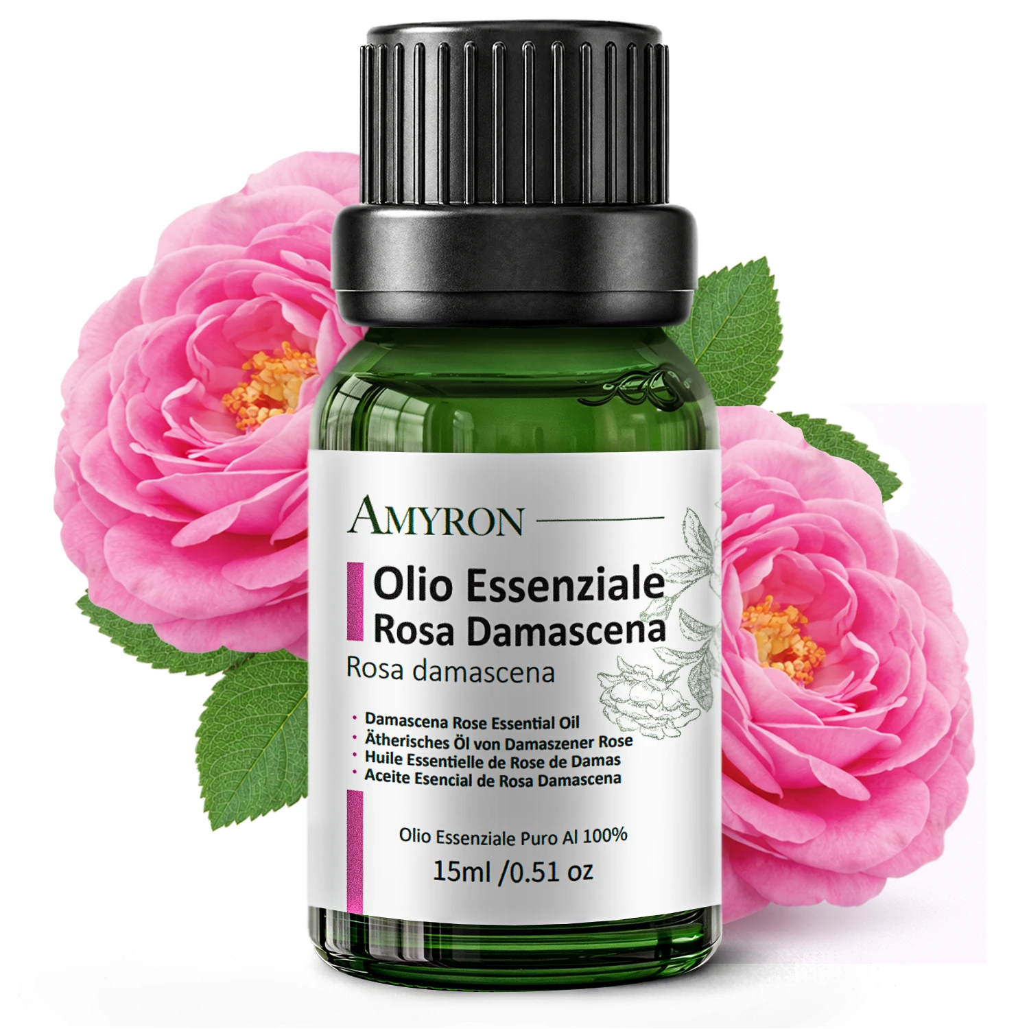Olio essenziale Rosa Damascena puro AMYRON 15 ml con fiori di rosa damascena