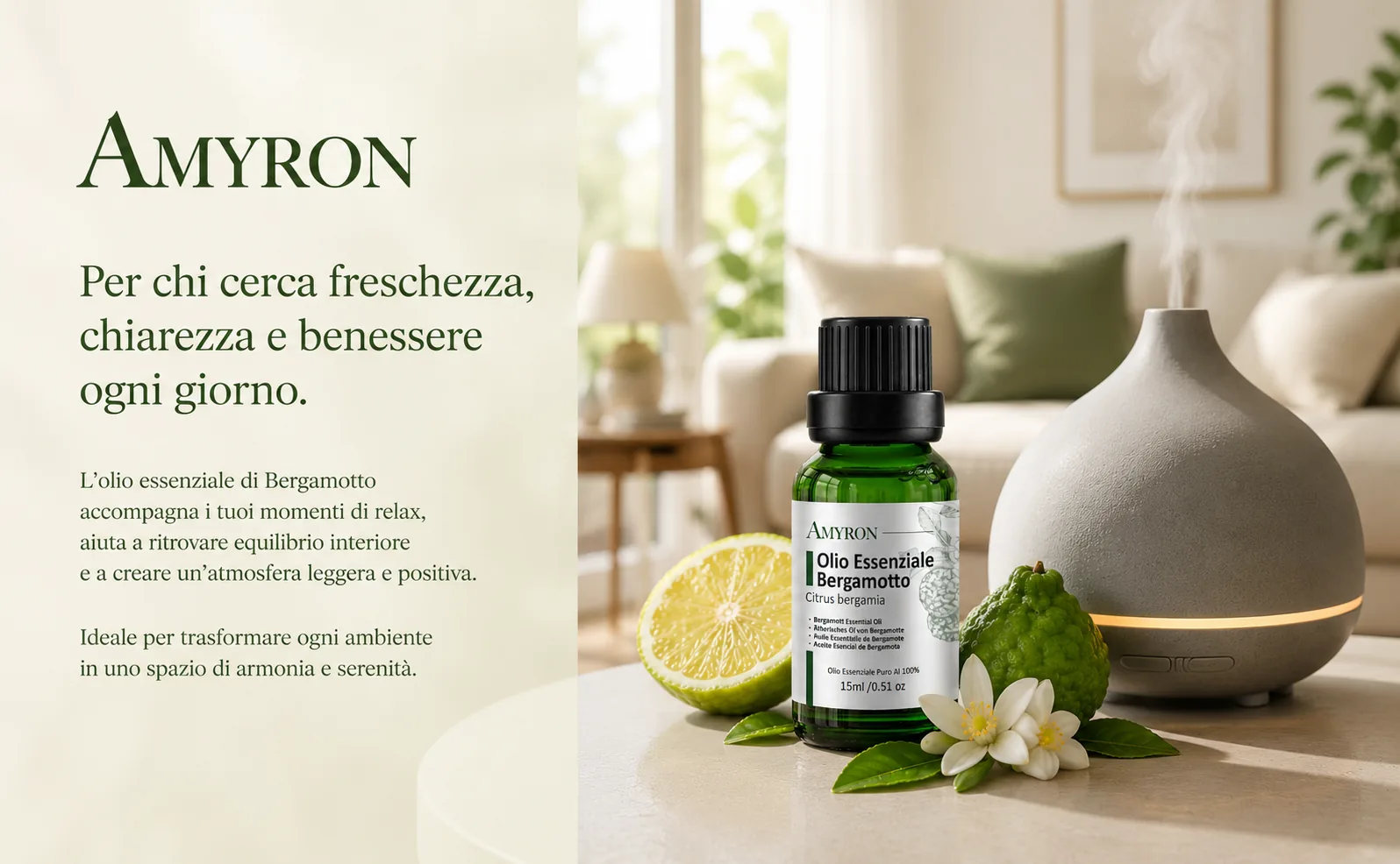 Diffusore ad ultrasuoni con Olio Essenziale di Bergamotto AMYRON per aromaterapia, relax, benessere e profumazione naturale degli ambienti