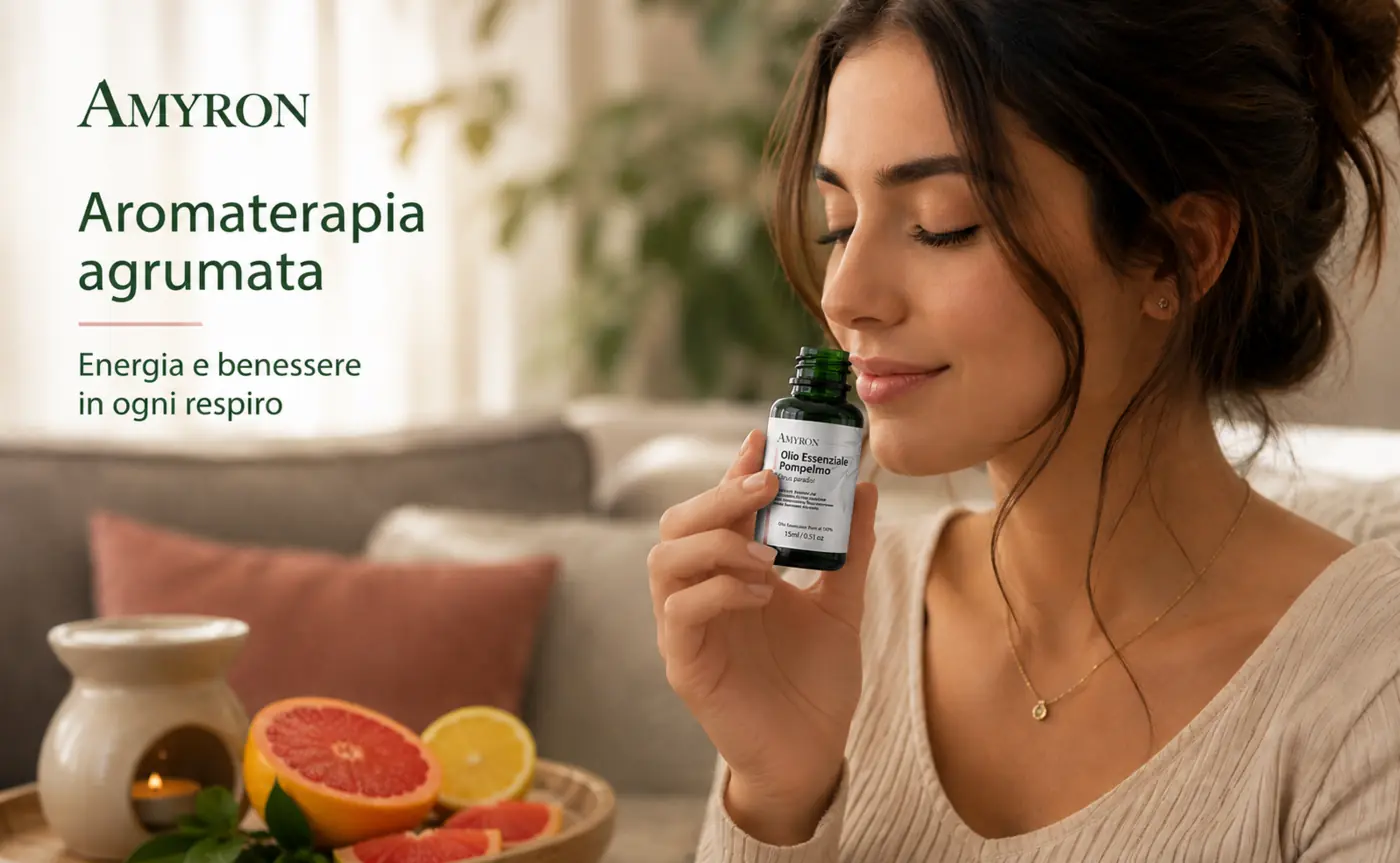 Donna che inspira l’aroma dell’olio essenziale di pompelmo AMYRON accanto a un diffusore acceso