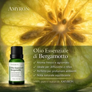 Olio essenziale di bergamotto AMYRON dal profumo fresco e agrumato ideale per aromaterapia e diffusione ambiente.
