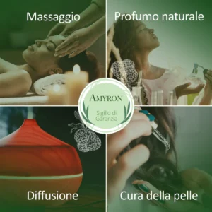 Utilizzi dell'olio essenziale di bergamotto AMYRON per diffusione, massaggi, profumazione naturale e cura della pelle.