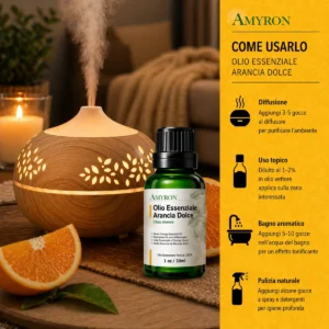 Come usare l'olio essenziale di Arancia Dolce AMYRON nel diffusore bagno aromatico e uso topico