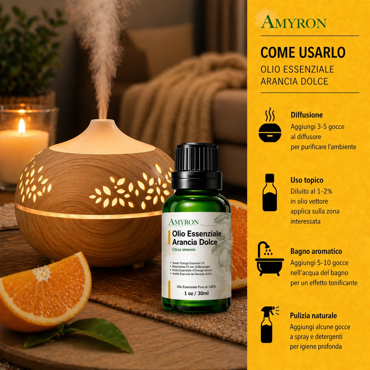 Come usare l'olio essenziale di Arancia Dolce AMYRON nel diffusore bagno aromatico e uso topico