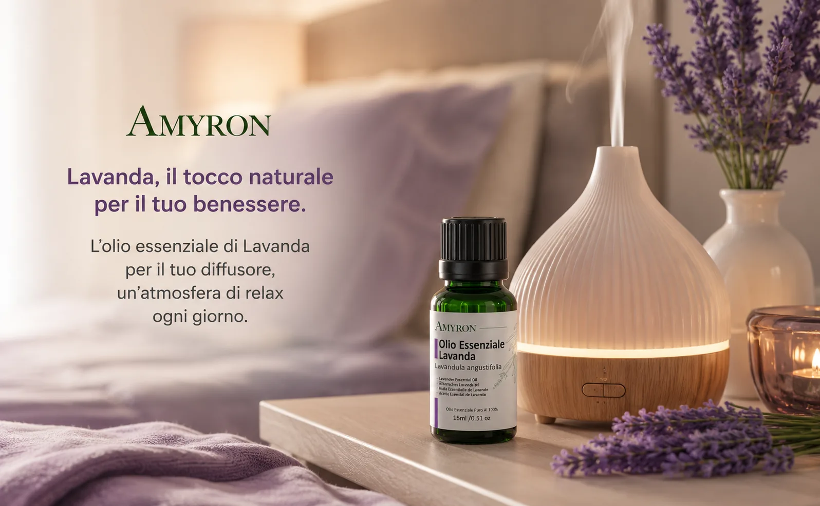Diffusore per aromaterapia con olio essenziale di lavanda AMYRON in una camera da letto dall'atmosfera rilassante