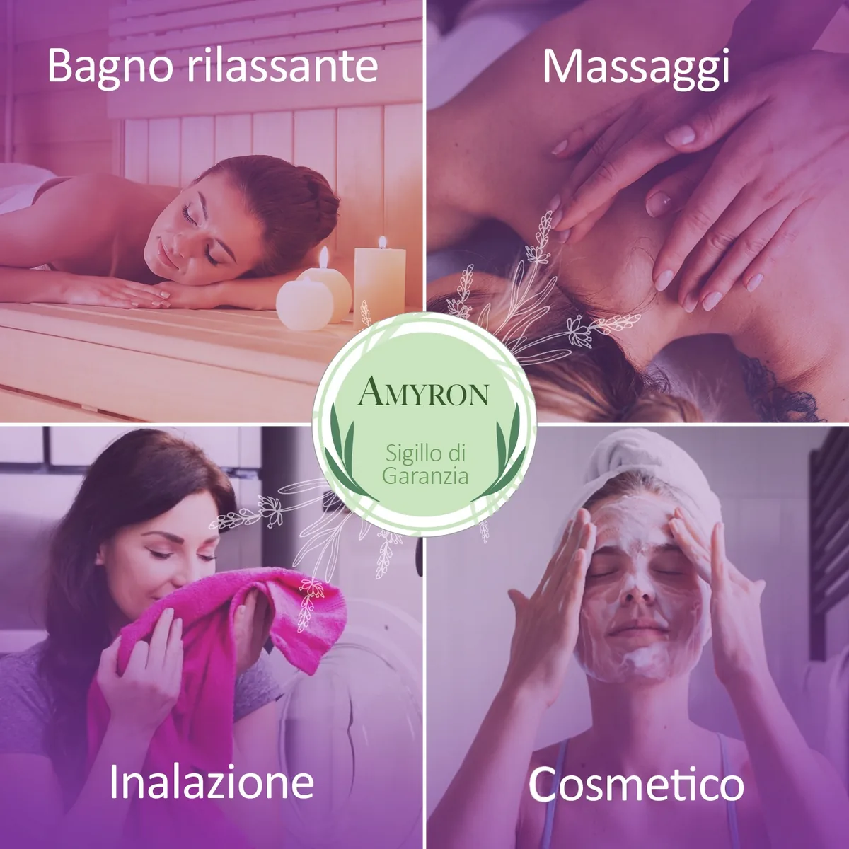Utilizzi dell'olio essenziale di lavanda AMYRON per bagno rilassante massaggi inalazione e cosmetica