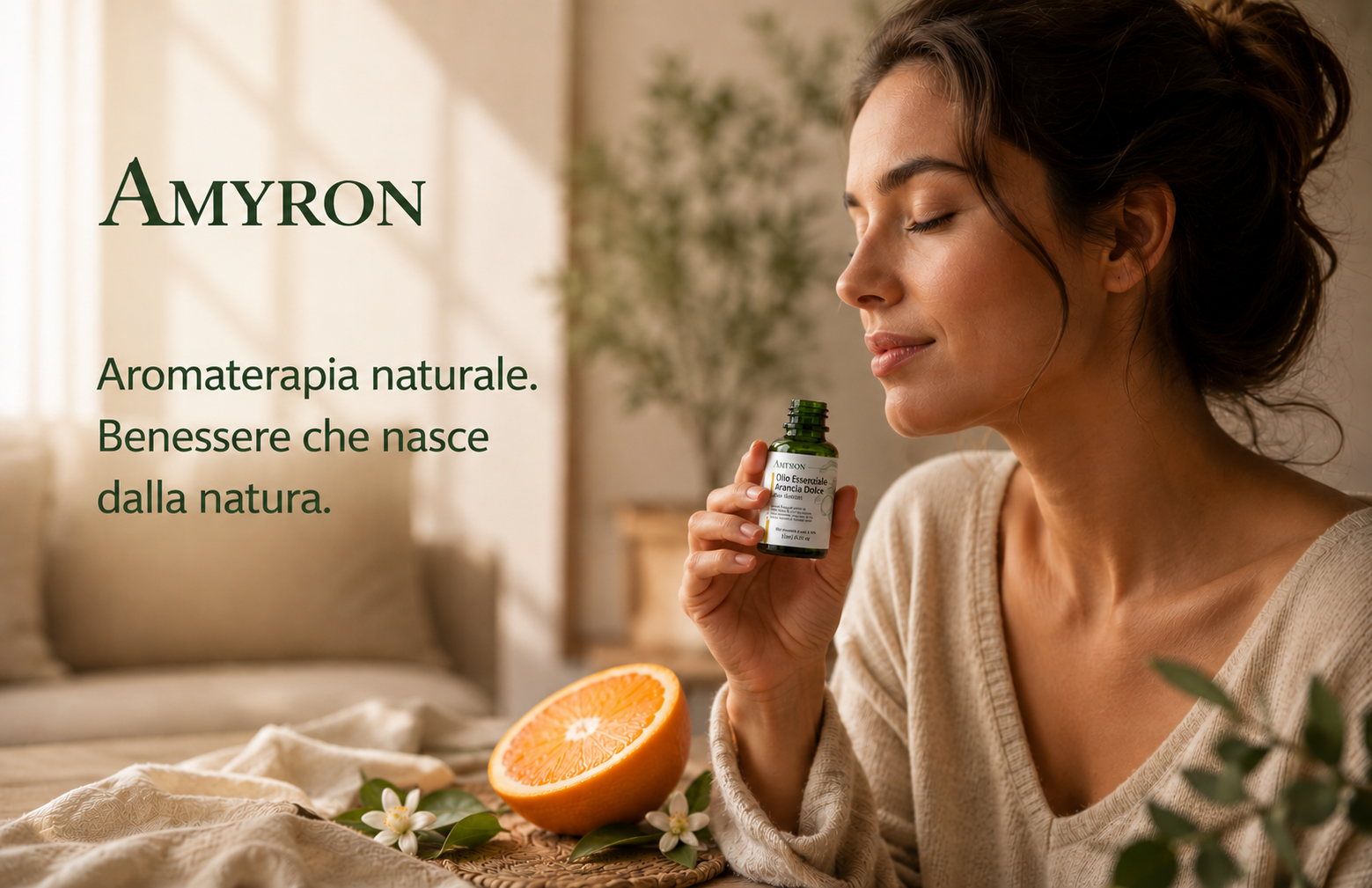 Donna che pratica aromaterapia con olio essenziale di Arancia Dolce AMYRON puro 100%