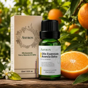 Olio Essenziale Arancia Dolce 15 ml AMYRON con confezione in ambiente naturale
