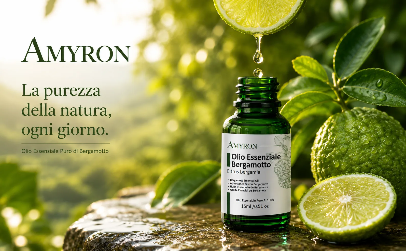 Olio Essenziale di Bergamotto AMYRON puro 100% con gocce di essenza e frutti di bergamotto freschi nell'habitat naturale della pianta
