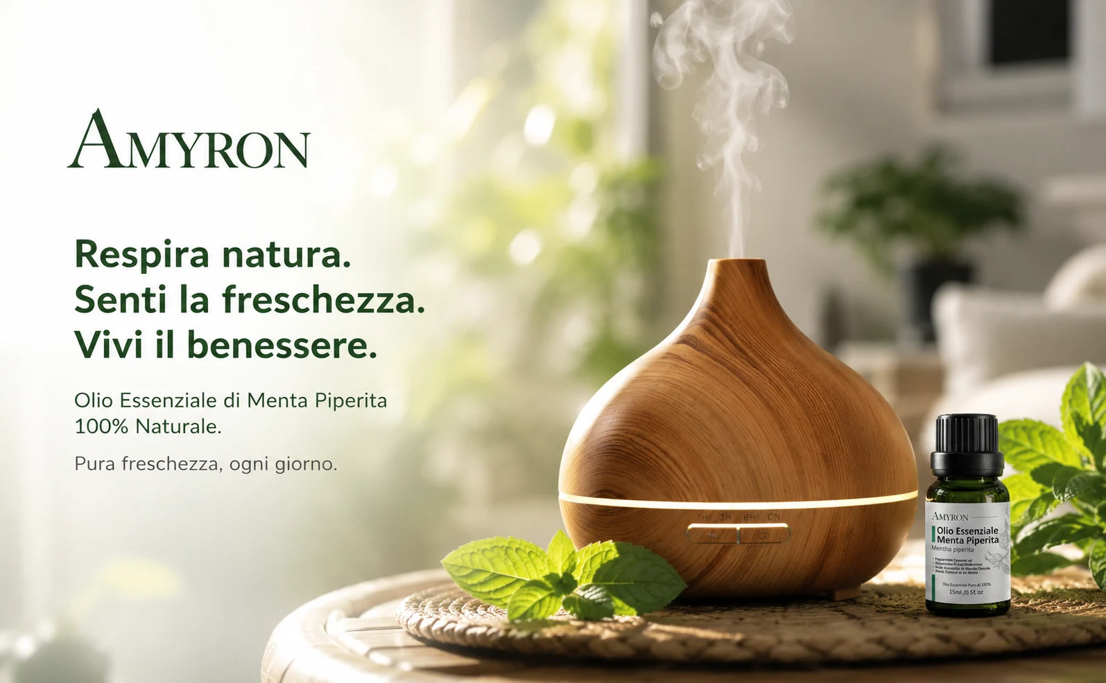 Olio essenziale di Menta Piperita AMYRON accanto a un diffusore per aromaterapia