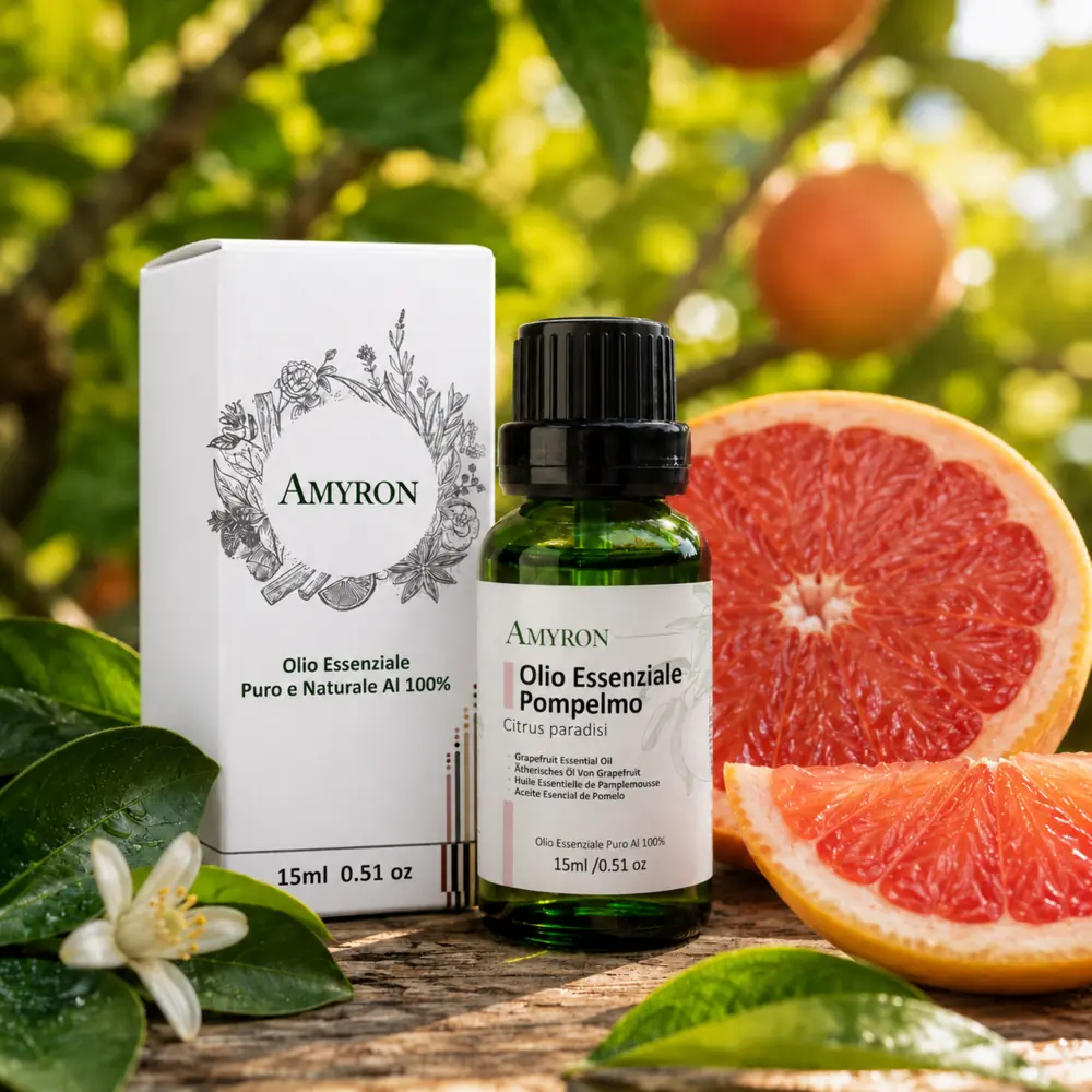 Confezione e flacone AMYRON di olio essenziale di pompelmo puro con frutti freschi