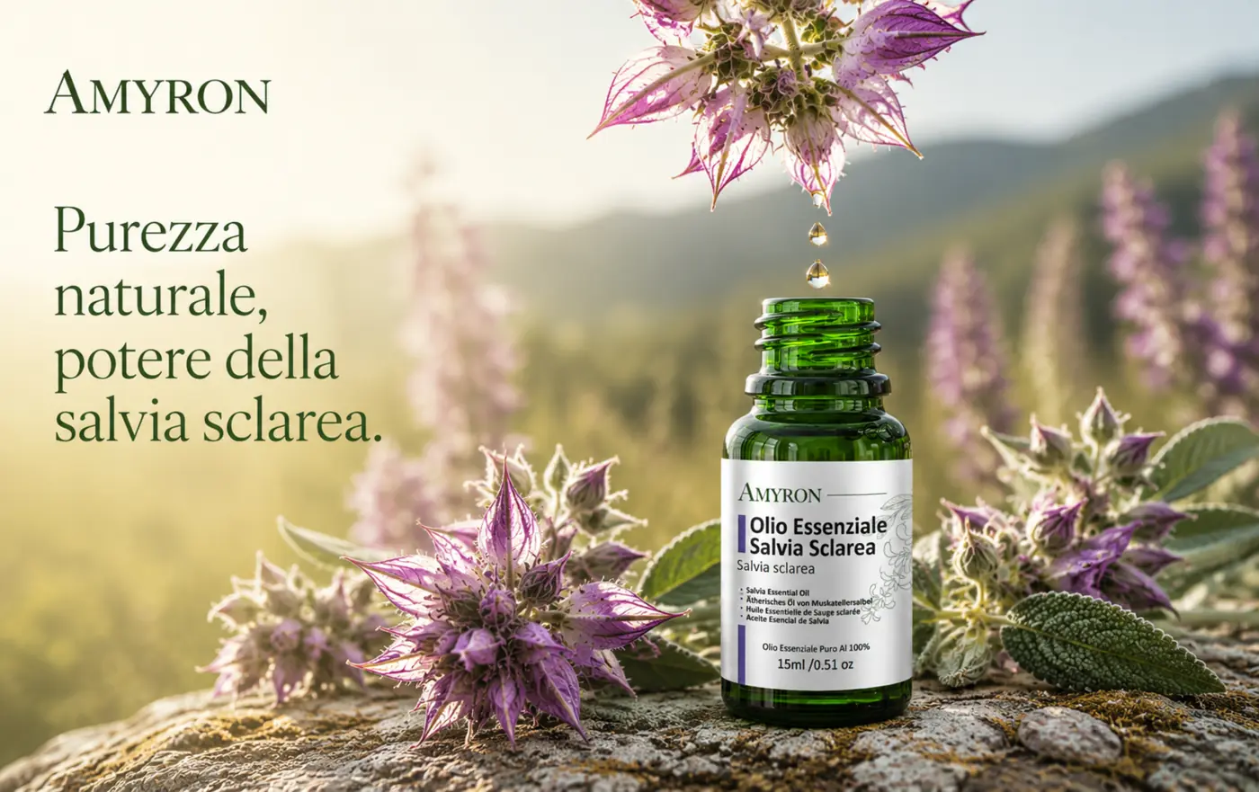 Flacone aperto AMYRON da 15 ml di olio essenziale naturale di Salvia Sclarea tra fiori viola e gocce al tramonto