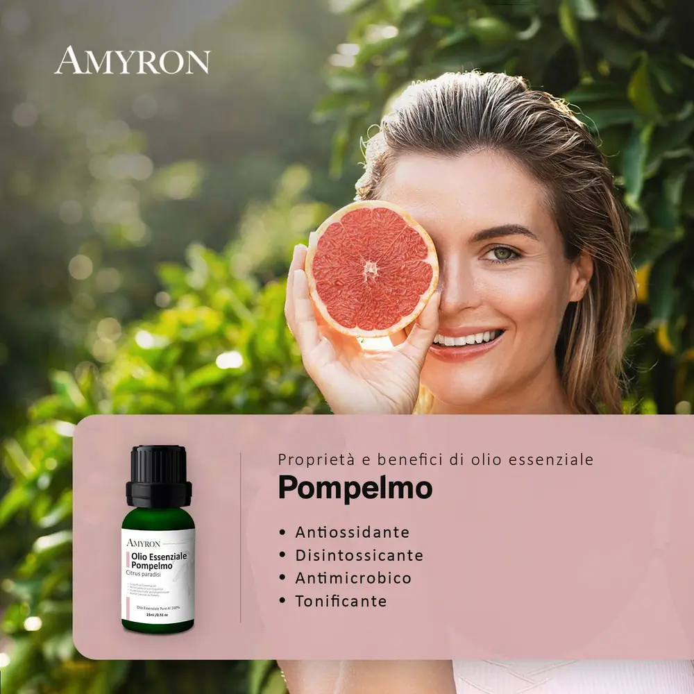 Donna con mezzo pompelmo e grafica sulle proprietà dell’olio essenziale di pompelmo AMYRON