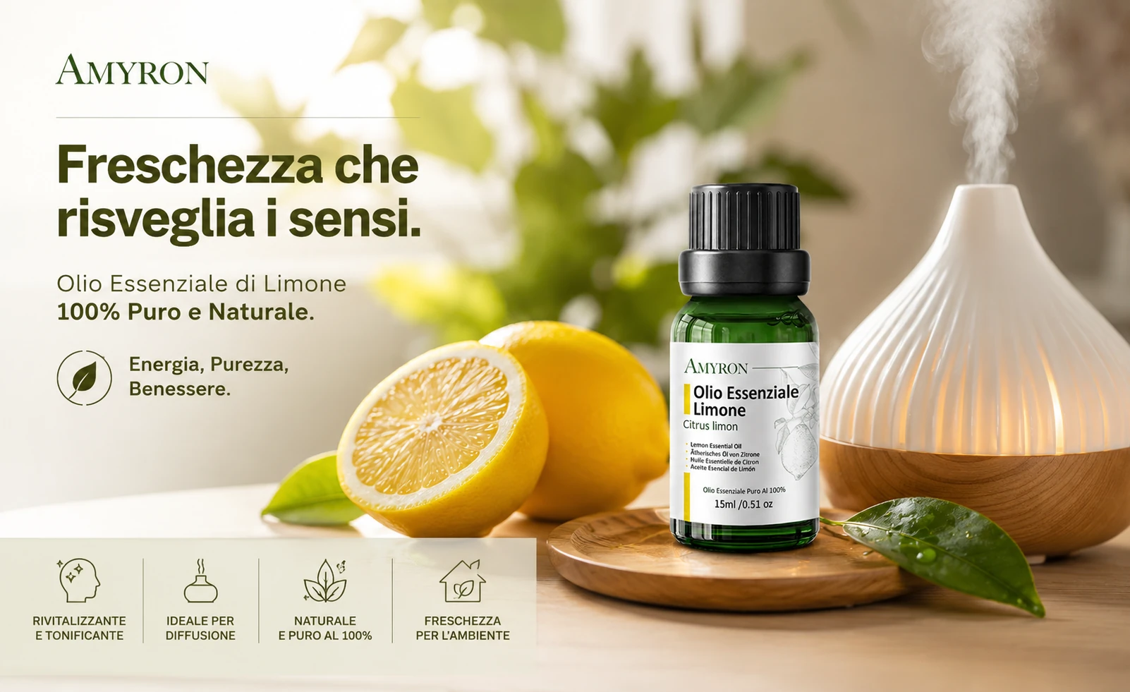 Olio Essenziale di Limone AMYRON 100% puro con diffusore per aromaterapia e limoni freschi.