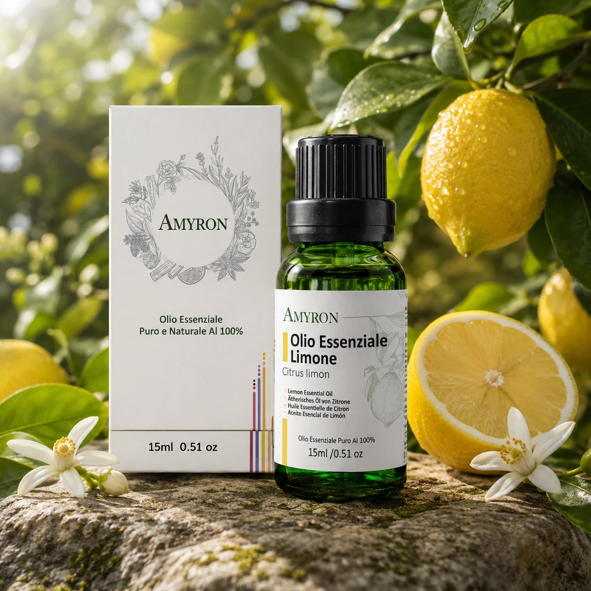 Olio Essenziale di Limone AMYRON 15 ml con confezione, limoni freschi e fiori di limone.