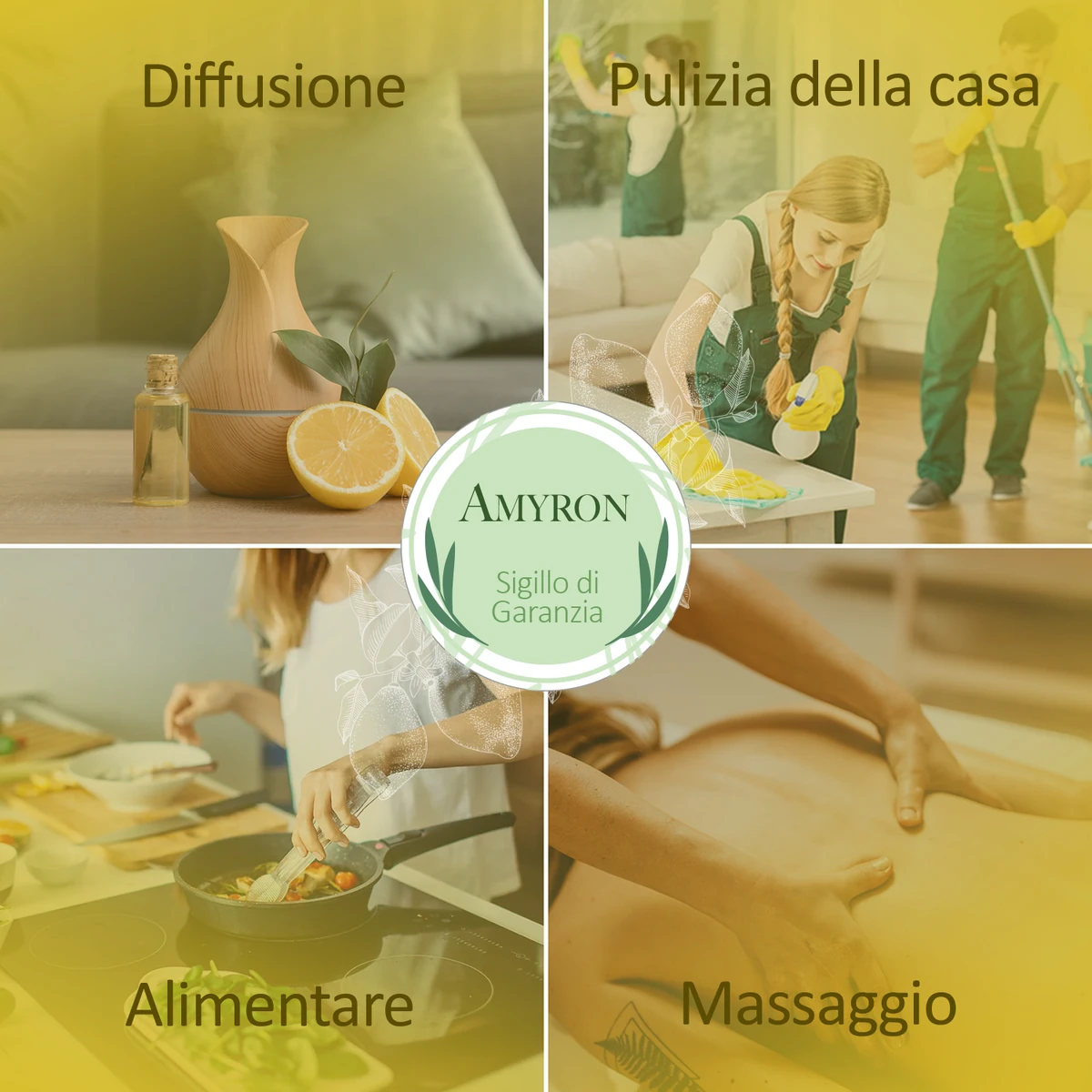 Utilizzi dell'Olio Essenziale di Limone AMYRON per diffusione, cucina, massaggi e pulizia della casa.