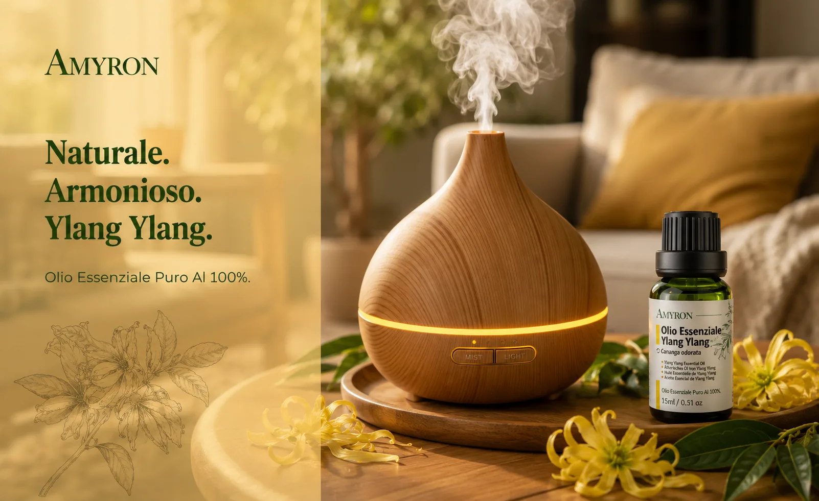 Fiore di Ylang Ylang con una goccia di olio essenziale che cade nel flacone AMYRON in vetro verde, simbolo di purezza e qualità naturale.