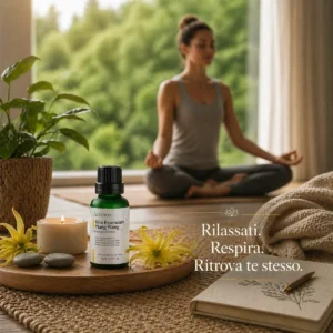 Olio essenziale di Ylang Ylang AMYRON utilizzato durante una sessione di meditazione per favorire relax, equilibrio e benessere dell'ambiente.