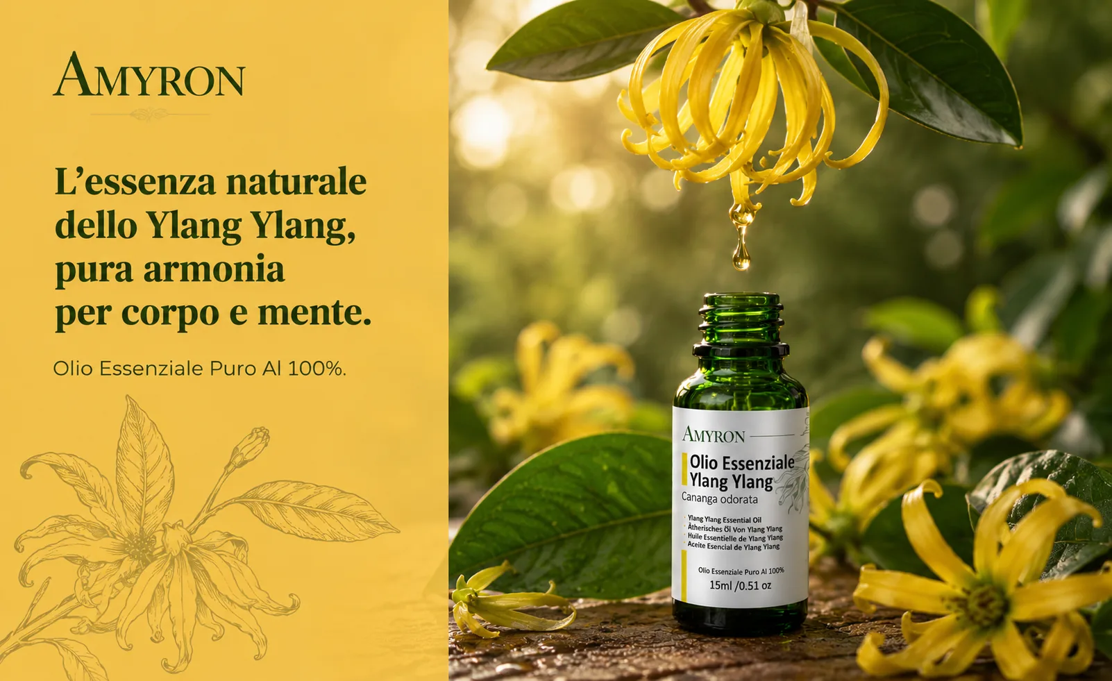 Diffusore per aromaterapia con olio essenziale di Ylang Ylang AMYRON puro e naturale 100% per creare un'atmosfera rilassante e armoniosa.