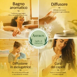 Modi d'uso dell'olio essenziale di Ylang Ylang AMYRON: bagno aromatico, diffusore, profumazione della biancheria e cura dei capelli.