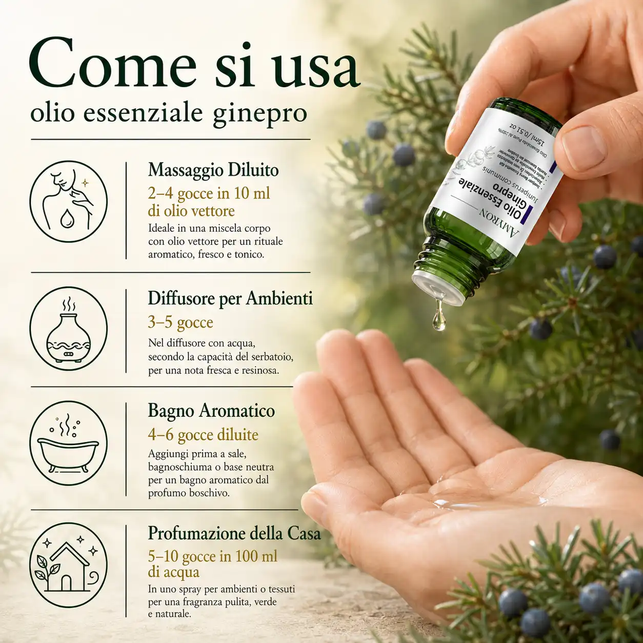 Come usare l’olio essenziale di ginepro AMYRON per massaggio, diffusore, bagno e profumazione della casa