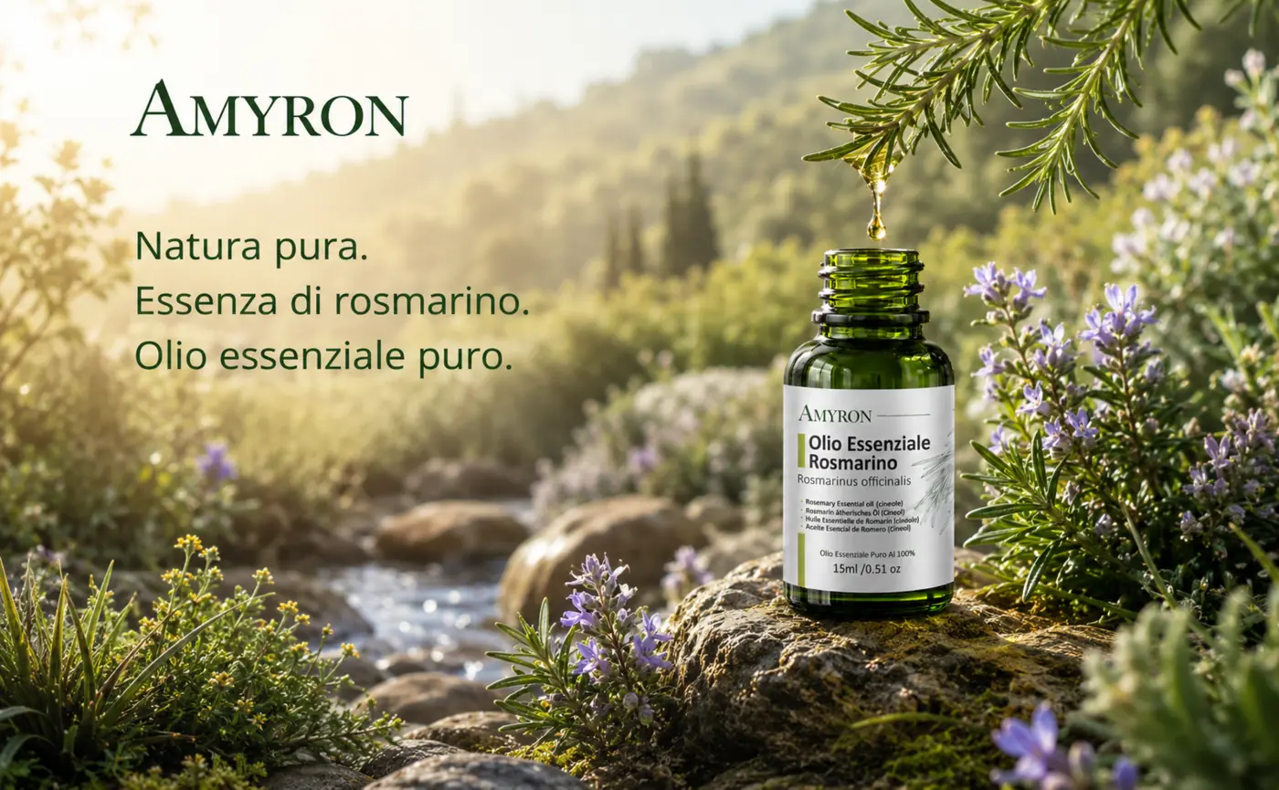 Flacone aperto AMYRON da 15 ml di olio essenziale di rosmarino in un paesaggio naturale con una goccia
