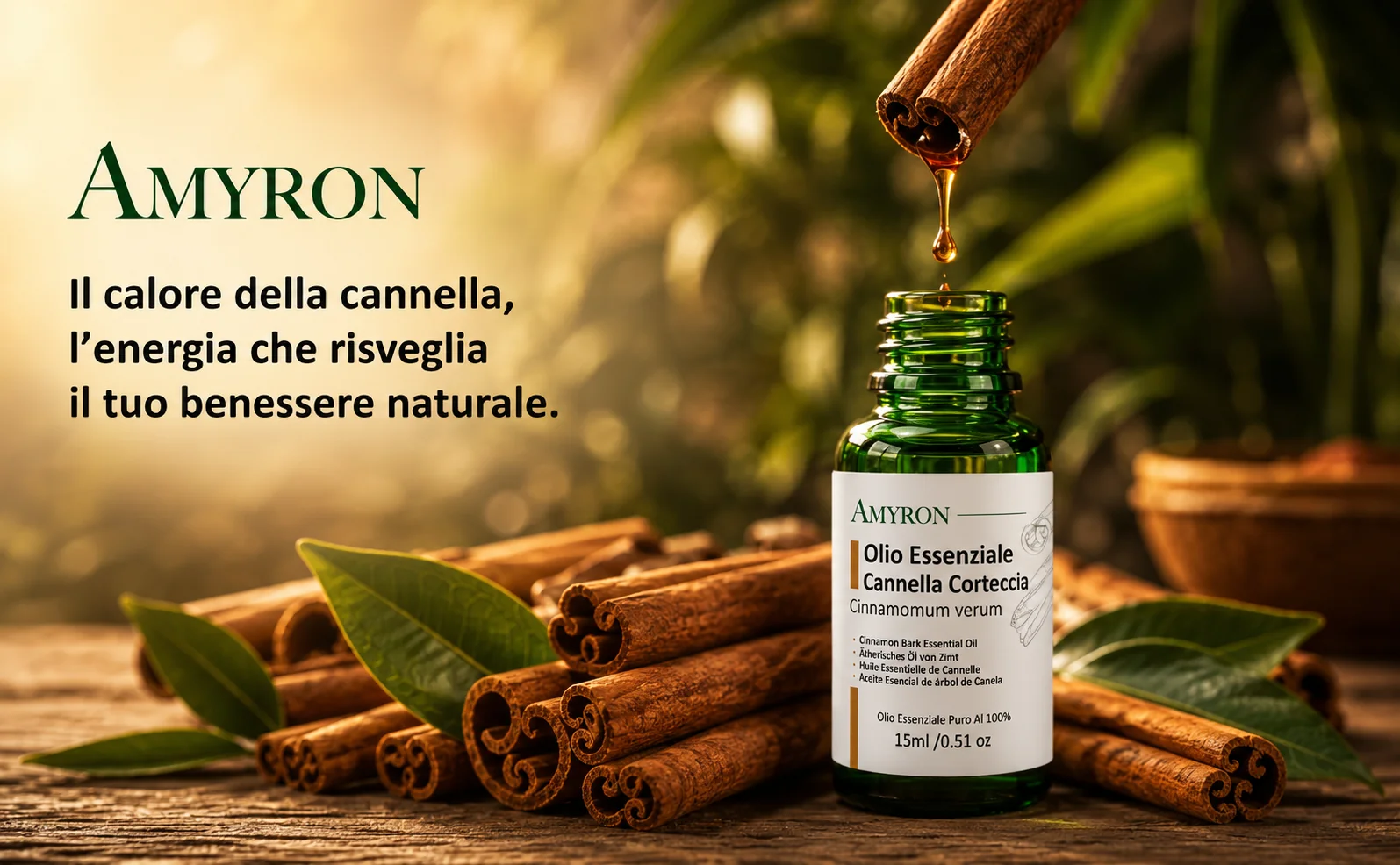 Olio essenziale di cannella corteccia puro 100% AMYRON con gocce di olio naturale dalla corteccia di cannella nel suo habitat botanico