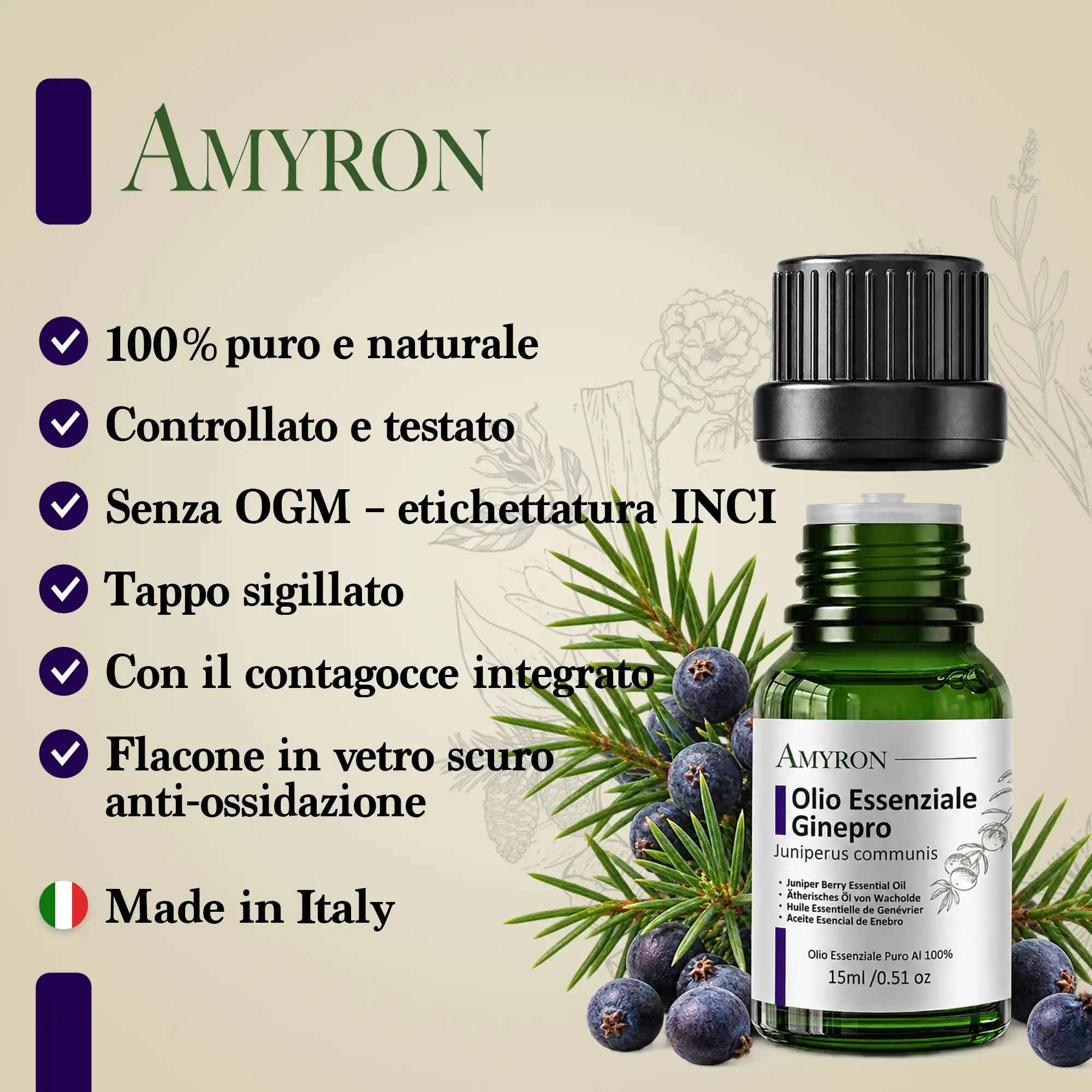 Caratteristiche dell’olio essenziale di ginepro puro AMYRON con flacone da 15 ml