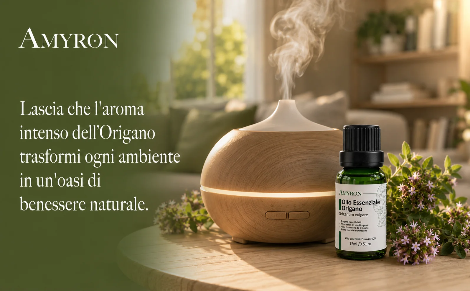 Diffusore per aromaterapia con olio essenziale di origano puro AMYRON in un soggiorno rilassante