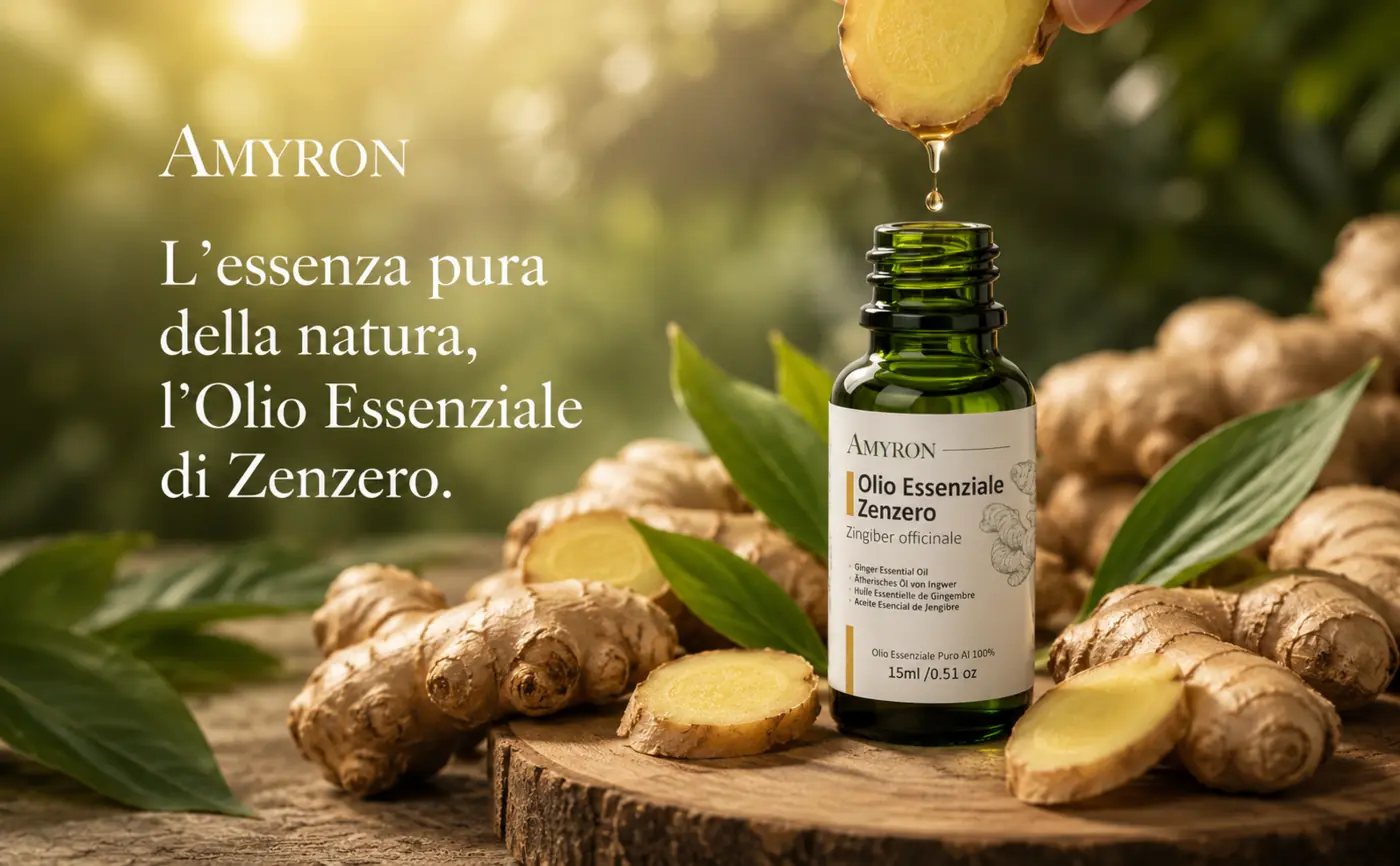 Flacone aperto AMYRON di olio essenziale puro e naturale di Zenzero con rizomi freschi e goccia aromatica