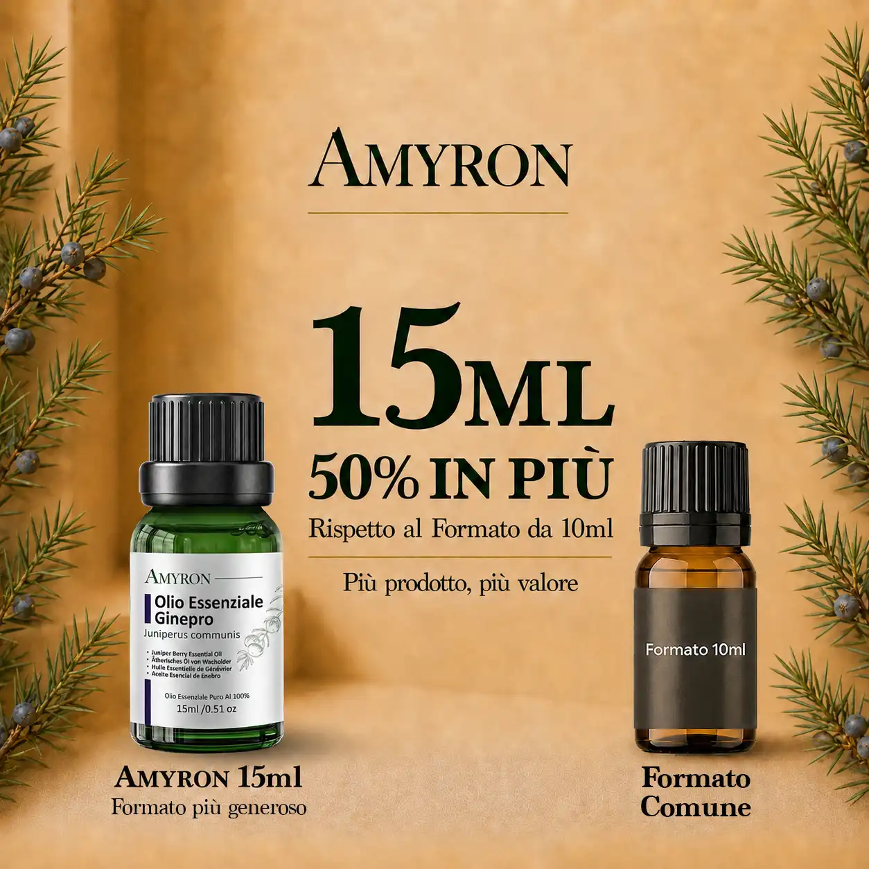 Confronto tra olio essenziale di ginepro AMYRON da 15 ml e comune formato da 10 ml