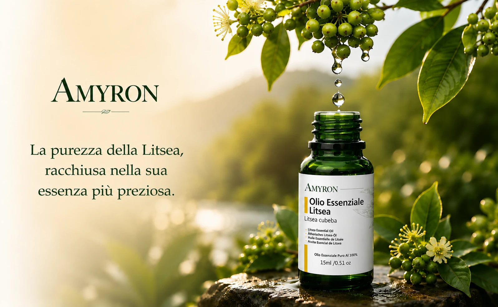 Olio Essenziale Litsea Cubeba AMYRON 100% puro con gocce naturali dei frutti di May Chang