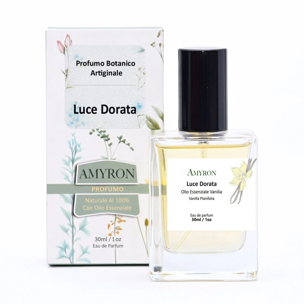Profumo Luce Dorata AMYRON con olio essenziale di vaniglia, profumo naturale botanico da 30 ml con confezione