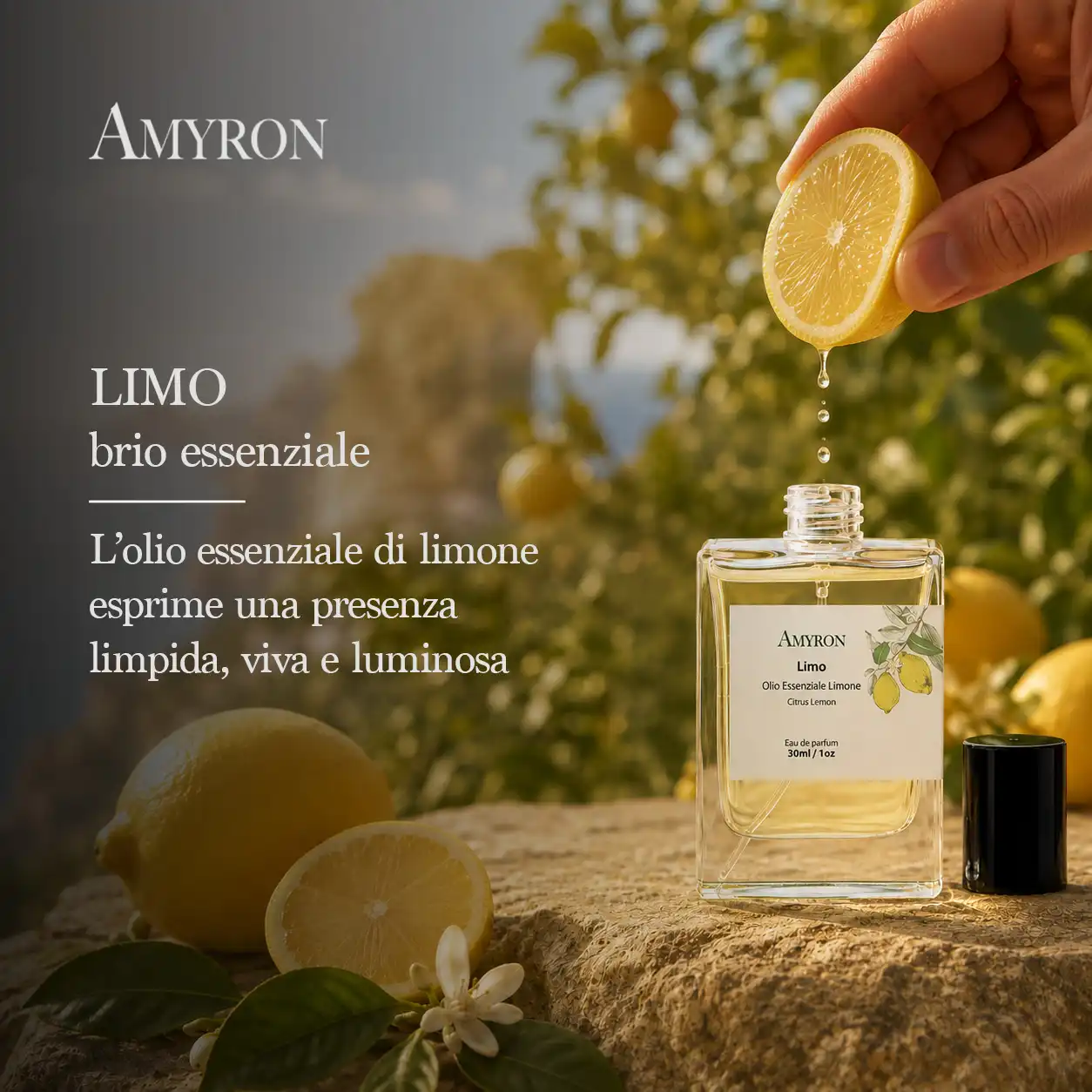Gocce di limone versate nel flacone del profumo agrumato Limo AMYRON
