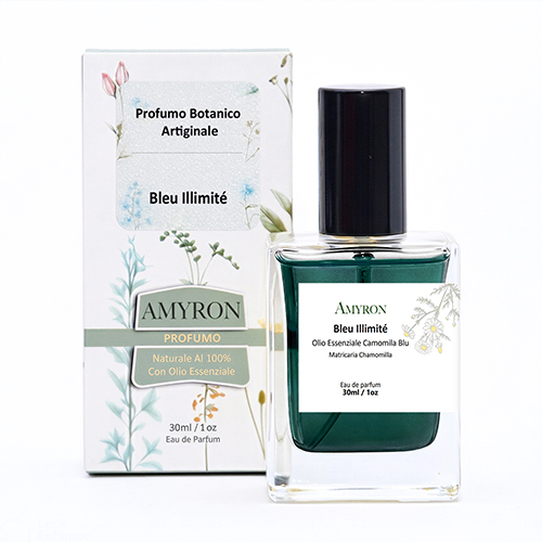 Profumo Blu Illimite AMYRON con olio essenziale di camomilla blu e delicate note floreali aromatiche