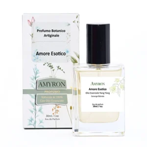 Flacone e confezione del profumo botanico Amore Esotico AMYRON con olio essenziale di Ylang Ylang