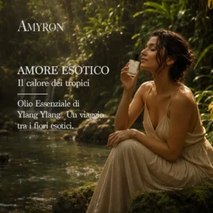 Modella che indossa il profumo botanico Amore Esotico AMYRON nella natura tropicale
