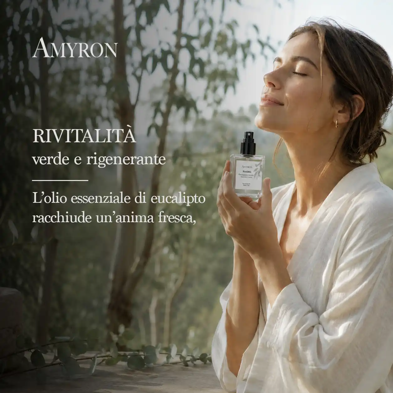Donna che indossa il profumo aromatico all’eucalipto Rivitalità AMYRON