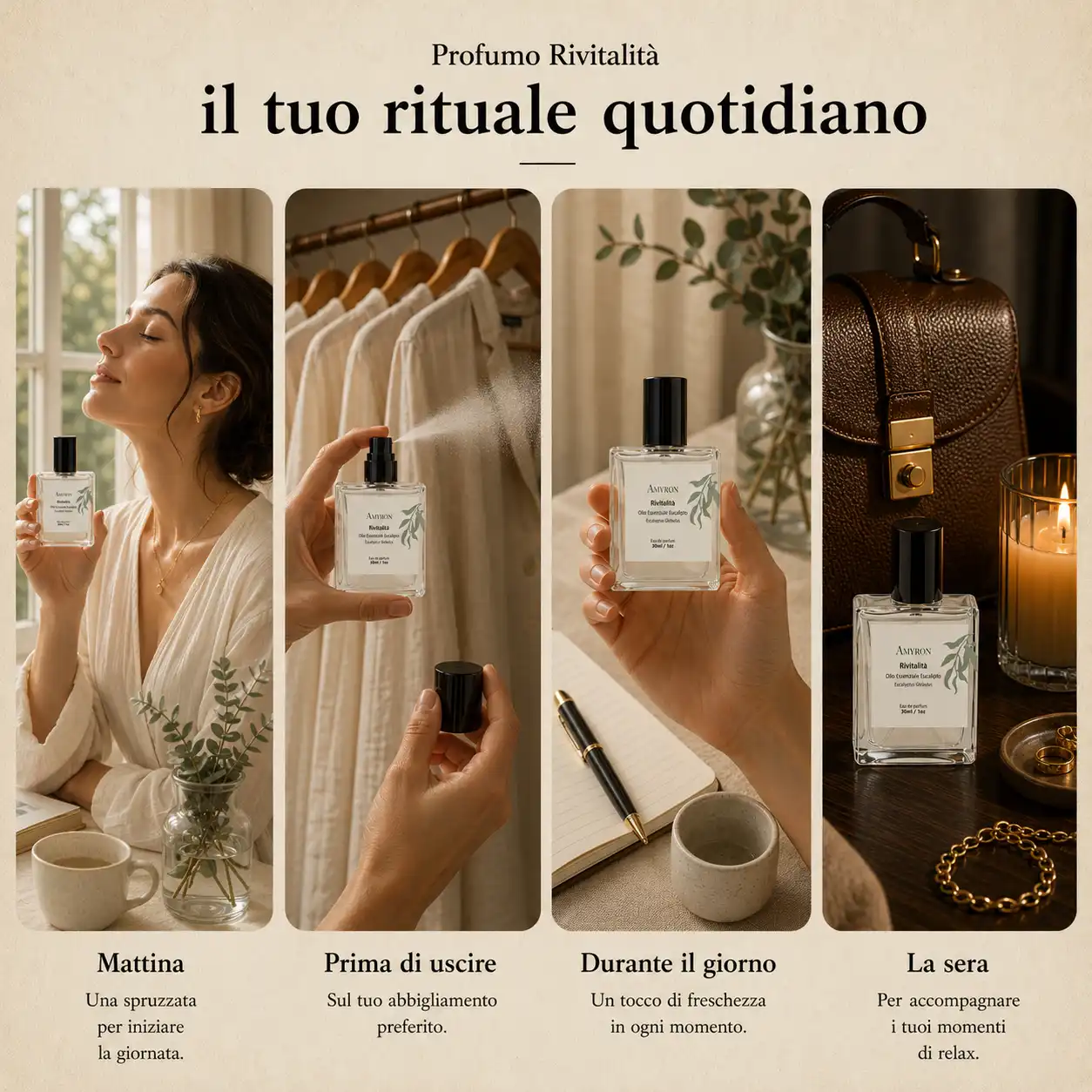 Profumo all’eucalipto Rivitalità AMYRON utilizzato durante il rituale quotidiano
