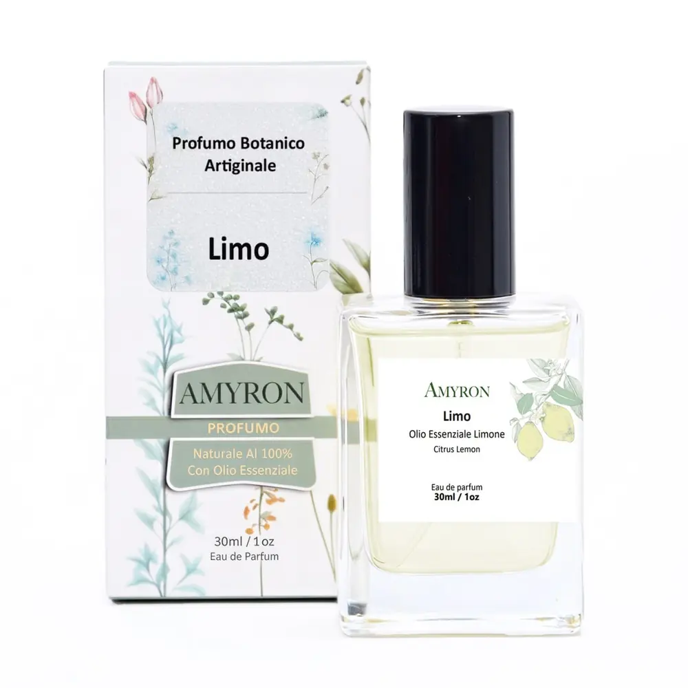 Profumo naturale al limone Limo AMYRON con olio essenziale, flacone e confezione da 30 ml