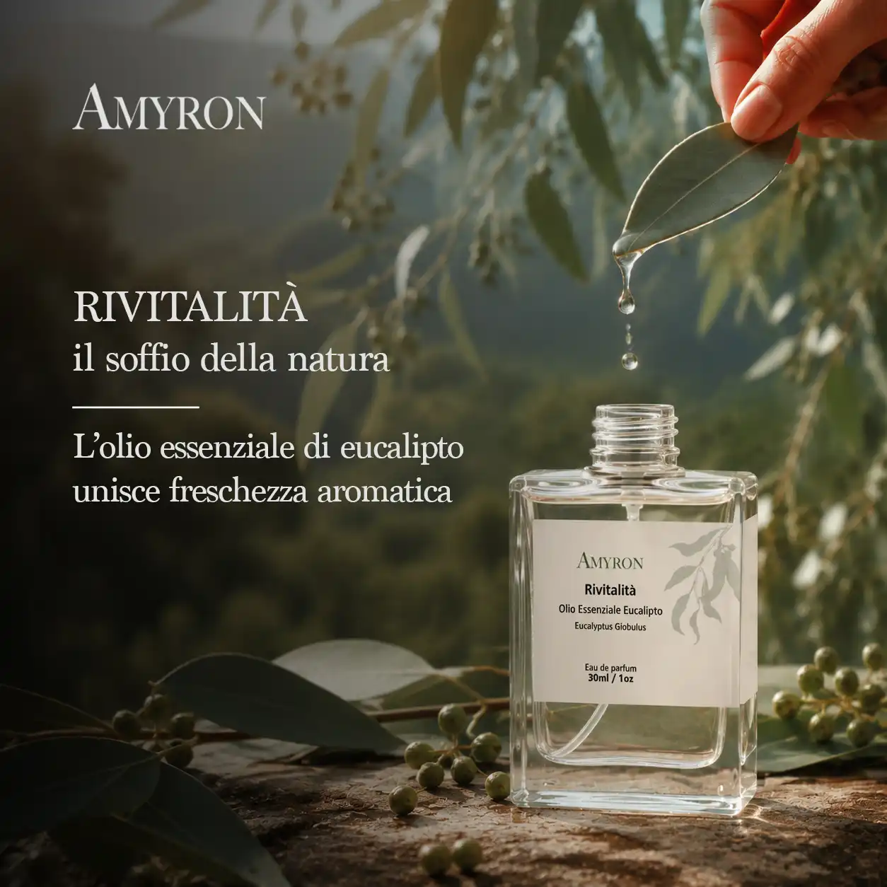 Profumo naturale Rivitalità AMYRON con olio essenziale di eucalipto e foglie aromatiche