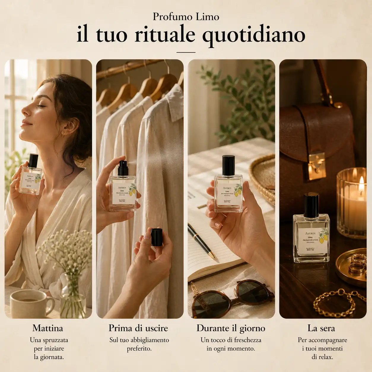 Modi di utilizzare il profumo al limone Limo AMYRON dalla mattina alla sera