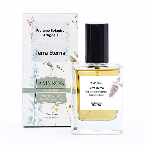 Profumo Terra Eterna AMYRON con olio essenziale di patchouli e profonde note legnose e terrose