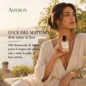 Profumo botanico AMYRON Luce Del Mattino con olio essenziale di Litsea Cubeba in una scena lifestyle naturale