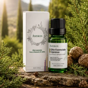 Olio essenziale di cipresso AMYRON con scatola e botanica di cipresso