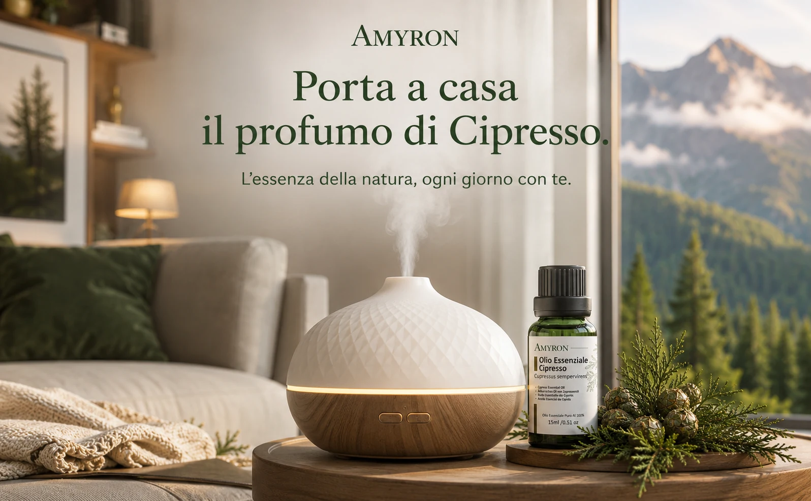 Olio essenziale di cipresso AMYRON accanto a diffusore per profumare la casa