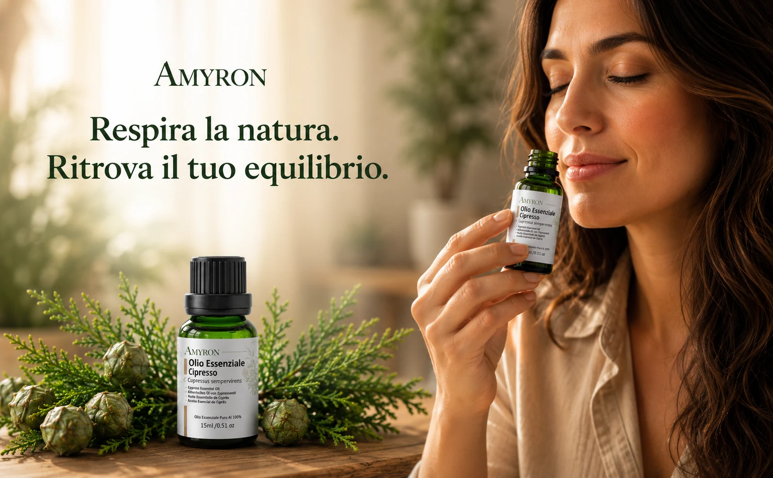 Donna che annusa olio essenziale di cipresso AMYRON in un rituale di benessere